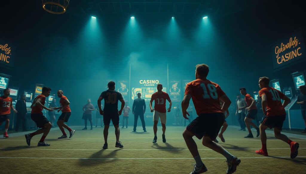 A cinematic sports scene unfolds, with players and gamblers intertwined in a dramatic narrative. In the foreground, a group of athletes engage in intense competition, their movements captured with a dynamic, cinéma vérité-inspired lens. In the middle ground, shadowy figures represent the unseen forces of sports betting, their presence looming large. The background features a dimly lit casino, its neon lights casting an eerie glow and hinting at the high-stakes world of gambling. The overall atmosphere conveys a sense of tension, uncertainty, and the blurring of lines between sport and spectacle.