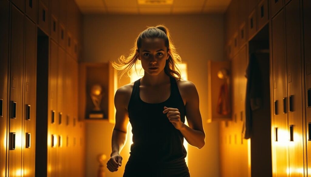 A determined young female athlete strides purposefully across a dimly lit locker room, her intense gaze fixed on the camera. The warm, golden lighting casts dramatic shadows, conveying her unwavering focus and ambition. In the background, trophies and medals glint, hinting at her hard-earned accomplishments. The camera angle is slightly low, emphasizing her confidence and power. The scene evokes the struggles and triumphs of female athletes navigating the double standards and gender biases often present in the world of sports films.
