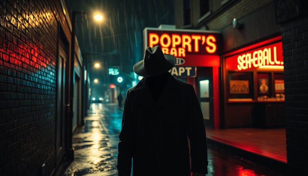 A dimly lit alley, rain-slicked pavement glistening under a lone streetlight. A figure emerges from the shadows, trenchcoat collar turned up, fedora brim shielding their face. In the background, the neon sign of a seedy sports bar casts an ominous glow. The air is thick with tension, hinting at the web of corruption and greed that lurks beneath the surface of the sporting world. A classic noir aesthetic, complemented by high-contrast lighting and a moody, atmospheric color palette, lends an air of mystery and foreboding to the scene.