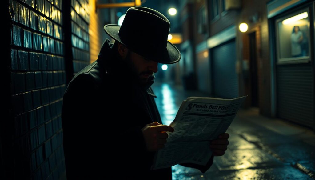 A dimly lit alley, rain-slicked pavement glistening under the neon glow of a lone streetlight. In the shadows, a lone figure hunches over a crumpled newspaper, his face obscured by the brim of a fedora. The air is thick with tension, the promise of danger lurking just out of sight. A sports betting slip clenched in his fist, the gambler's face a mask of desperate concentration, calculating the odds, the stakes higher than ever before. The camera pulls back, revealing the grimy urban landscape, a world where chance and fate collide, where the line between victory and defeat is razor-thin.