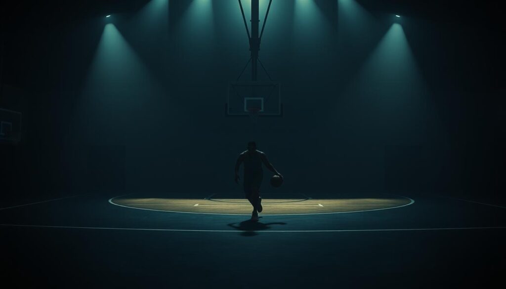 A dimly lit basketball court, the painted lines fading into the shadows. In the foreground, a lone player dribbles the ball, their face obscured by the harsh contrast of light and dark. The backboard casts an ominous shadow, like a hulking silhouette watching the player's every move. The court is bathed in a moody, cinematic lighting, with harsh shadows and pools of light creating a sense of tension and drama. The player's movements are tense, their body language conveying a sense of determination tinged with a hint of melancholy. The overall atmosphere evokes the gritty, atmospheric quality of classic film noir, capturing the dark side of the pursuit of athletic glory.