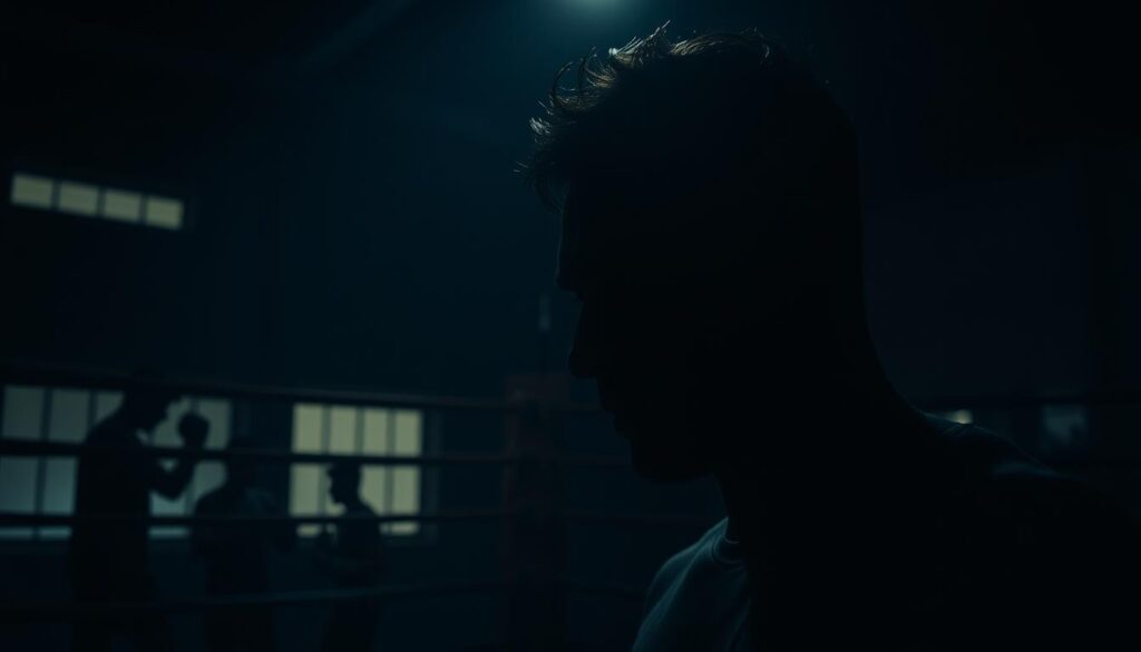 A dimly lit boxing gym, shadows cast across the canvas. A lone figure, a boxer, lost in concentration, their face half-obscured by the darkness. The air thick with the scent of sweat and determination. In the background, the silhouettes of other athletes, training with a sense of purpose, their movements fluid and powerful. The lighting is dramatic, creating a moody, atmospheric scene reminiscent of classic film noir. The camera angle is low, giving a sense of intimacy and intensity, capturing the emotional impact of the moment.