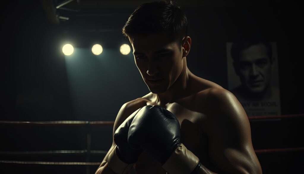 A dimly lit boxing gym, shadows cast across the ring. A lone boxer, his face obscured, gloves wrapped in worn leather. In the background, a vintage movie poster for a classic noir sports film - gritty, stylized, evoking a bygone era. Chiaroscuro lighting accentuates the boxer's chiseled features, hinting at the grit and corruption that permeate this world. The atmosphere is thick with tension, the mood somber and introspective, a visual embodiment of the historical context and significance of the film "Body and Soul."