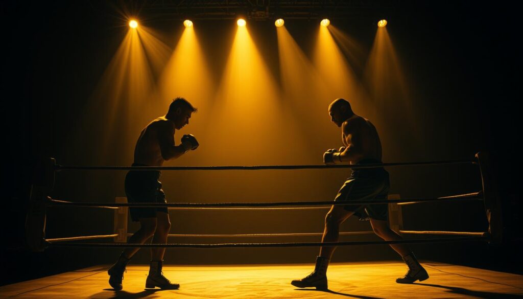 A dimly lit boxing ring, casting dramatic shadows across the contours of two prizefighters. The ring is bathed in a golden glow, reminiscent of the vintage film noir aesthetic, while the surrounding arena is shrouded in deep, inky blackness. Beams of light pierce the darkness, creating a stark, high-contrast scene that heightens the intensity and tension of the match. The fighters' movements are captured in sharp, angular silhouettes, their expressions obscured by the dramatic lighting. The overall effect is a gritty, moody atmosphere that seamlessly blends the worlds of boxing and noir cinema.