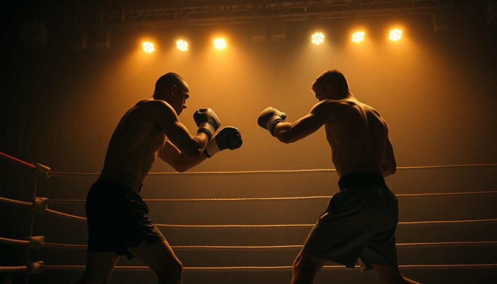 A dimly lit boxing ring, its ropes casting dramatic shadows across the scene. In the foreground, two boxers locked in a fierce bout, their muscles rippling as they exchange blows. Overhead, the bright lights of the arena cast a warm, cinematic glow, evoking the Golden Age of Hollywood. In the background, a hazy silhouette of the audience, their faces obscured, adding to the air of mystery and tension. The entire composition exudes the gritty, moody atmosphere of classic noir films, a perfect blend of athleticism and artistic flair.