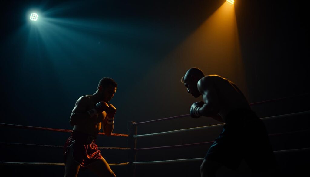 A dimly lit boxing ring, its shadows cast by a single spotlight glowing with an ominous hue. Boxers in mid-action, their faces obscured by a veil of dark contrast. Spectators lurking in the background, their identities shrouded in mystery. The scene is bathed in a moody, chiaroscuro lighting, evoking the gritty, hardboiled atmosphere of classic noir films. The camera angle is low and tilted, emphasizing the drama and tension of the moment. A sense of corruption and moral ambiguity permeates the frame, hinting at the deeper themes of the "noir sports movie" genre.