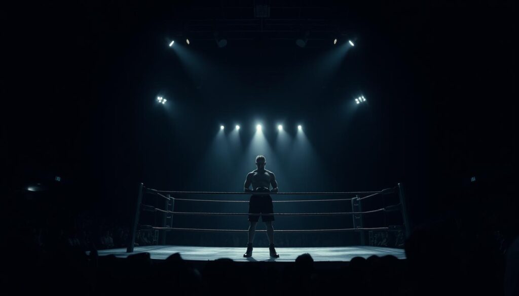 A dimly lit boxing ring, shadowed by a moody, high-contrast lighting scheme. The ring is surrounded by rows of spectators shrouded in darkness, their faces barely visible. In the foreground, a lone boxer stands, his muscular form silhouetted against the bright lights of the ring, creating a dramatic, noir-inspired atmosphere. The camera angle is low, capturing the intensity of the scene from an immersive, gritty perspective. The overall image evokes the spirit of a classic 1950s sports drama, where the stakes are high and the shadows conceal more than they reveal.