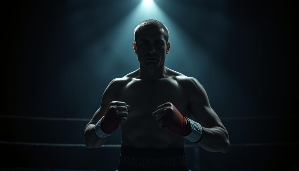 A dimly lit boxing ring, shrouded in shadows and a deep, moody atmosphere. Harsh shadows cast by a single spotlight create stark contrasts, highlighting the muscular physique of the boxer as he stands, fists clenched, ready for the final, climactic round. The ring ropes are barely visible, fading into the blackness that envelops the scene. The boxer's face is partially obscured, eyes narrowed with fierce determination, brow furrowed in concentration. The background is a hazy blur, the audience just barely discernible, creating a sense of isolation and intensity. This is the gritty, visceral world of sports noir, where the fight for victory is waged in the shadows.