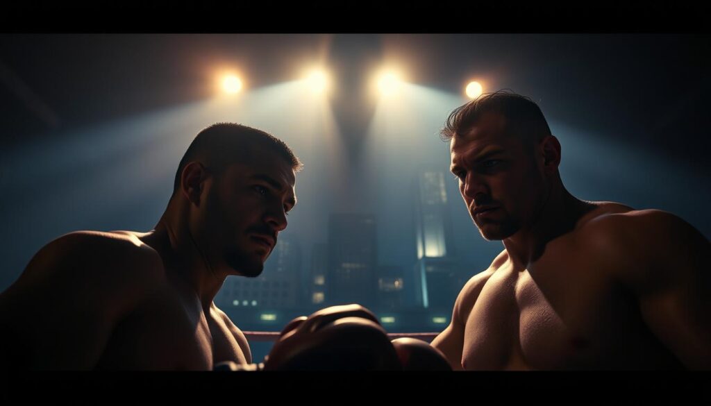 A dimly lit boxing ring, the air thick with tension. Dramatic shadows cast across the muscular fighters, their faces etched in steely resolve. Overhead, a single spotlight pierces the gloom, casting a moody glow that accentuates the chiaroscuro of their features. In the background, a hazy, neon-tinged cityscape looms, hinting at the gritty urban setting. The camera angles are tilted, creating a sense of unease and heightened drama. This is the world of the sports noir, where the thrill of the game is infused with a palpable sense of danger and moral ambiguity.