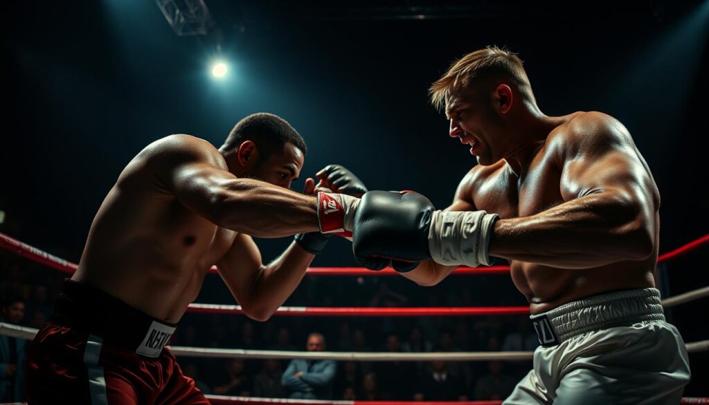 A dimly lit boxing ring, the air thick with tension. In the center, two fighters locked in a desperate struggle, their bodies glistening with sweat and determination. The background is a blur of spectators, their faces etched with a mixture of excitement and dread, hinting at the high stakes at play. The lighting casts dramatic shadows, creating a sense of depth and intensity. The camera angle is low, putting the viewer right in the heart of the action, feeling the weight of each punch and the desperation of the combatants. The mood is one of betrayal and personal ruin, the pursuit of glory coming at a heavy price.