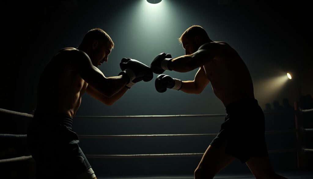 A dimly lit boxing ring, the air thick with tension. In the foreground, two fighters exchange rapid blows, their movements captured by a gritty, high-contrast lens. Shadows cast dramatic angles, accentuating the muscular forms and the intensity of the match. In the middle ground, a sparse crowd leans forward, their expressions obscured by the low-key lighting. The background is a hazy, nondescript urban setting, a shadowy backdrop that heightens the sense of isolation and the raw, visceral nature of the fight. The overall atmosphere is one of moody, cinematic noir, evoking a bygone era of gritty sports dramas.