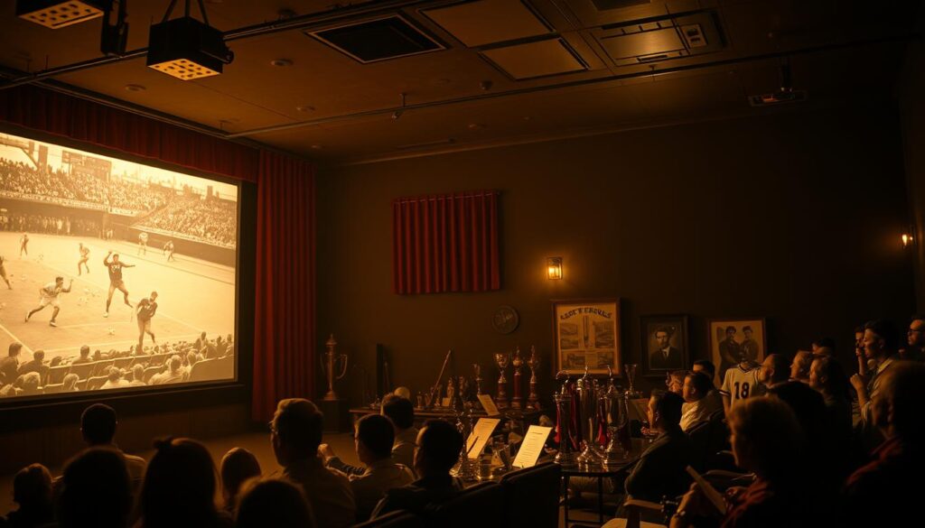 A dimly lit cinema interior, the air thick with the scent of popcorn and the crackle of old film reels. In the foreground, a vintage sports reel projects onto a worn silver screen, capturing the grit and glory of a bygone era. Shadows of spectators flicker across the scene, their expressions a study in rapt fascination. In the middle ground, a collection of vintage sports memorabilia - trophies, jerseys, and photographs - tell the story of a time when sports were more than just entertainment, but a reflection of the cultural zeitgeist. The background bathes in a warm, sepia-toned glow, evoking the nostalgic charm of a bygone age. A sense of timelessness permeates the scene, transporting the viewer to a moment when sports and cinema were inextricably intertwined.