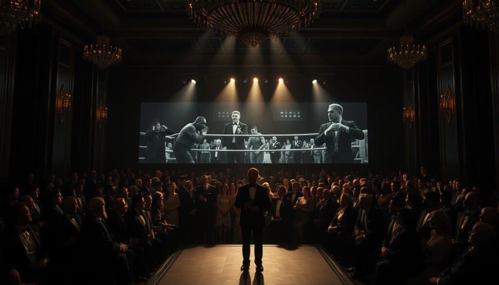 A dimly lit, glamorous Oscar reception hall, the atmosphere thick with the weight of critical acclaim and the drama of noir boxing movies. In the foreground, a lone figure stands on the stage, acceptance speech in hand, spotlights casting dramatic shadows across their face. The middle ground teems with a sea of tuxedoed attendees, their expressions a mix of admiration and envy. In the background, a large screen displays clips from the noir boxing film, the stark black-and-white cinematography and gritty fight scenes a stark contrast to the opulence of the event. The lighting is low and moody, creating a sense of tension and unease, as if the glitz and glamour conceals a deeper, more complex narrative. The overall mood is one of conflicted triumph, where the price of glory is etched on the face of the award recipient.