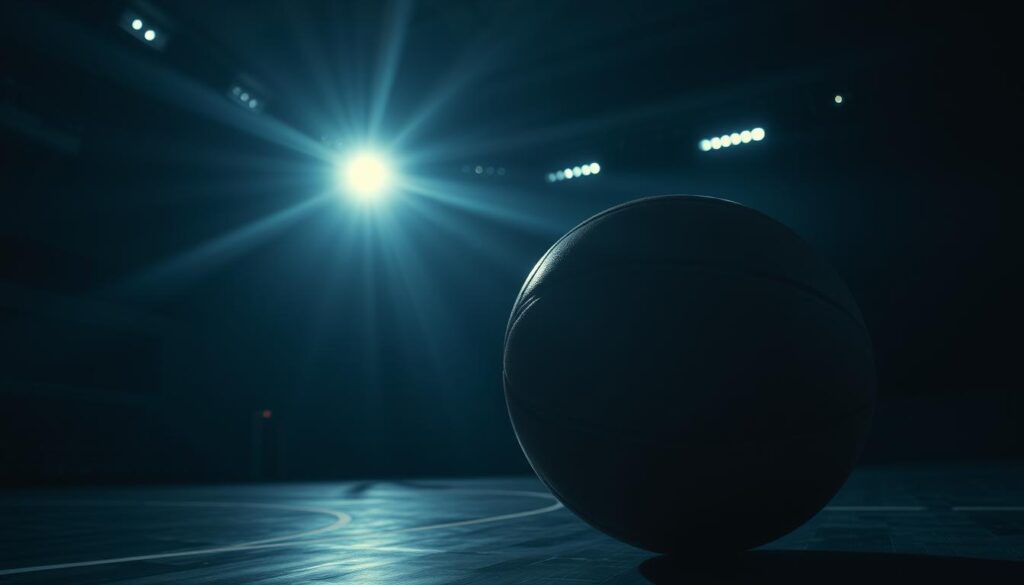 A dimly lit sports arena, shadows cast across the court. A lone basketball, its leather surface catching the sharp edge of a spotlight. The scene is saturated in deep blues and moody grays, evoking a sense of tension and mystery. The camera angle is low, creating a brooding, cinematic perspective. Dramatic lighting sculpts the players' faces, highlighting their determined expressions. Flashes of brilliant white illuminate the action, freezing moments of athletic prowess in time. The atmosphere is heavy, immersing the viewer in the high-stakes drama of the game. This is sports noir - a fusion of athletic spectacle and shadowy, psychological intrigue.