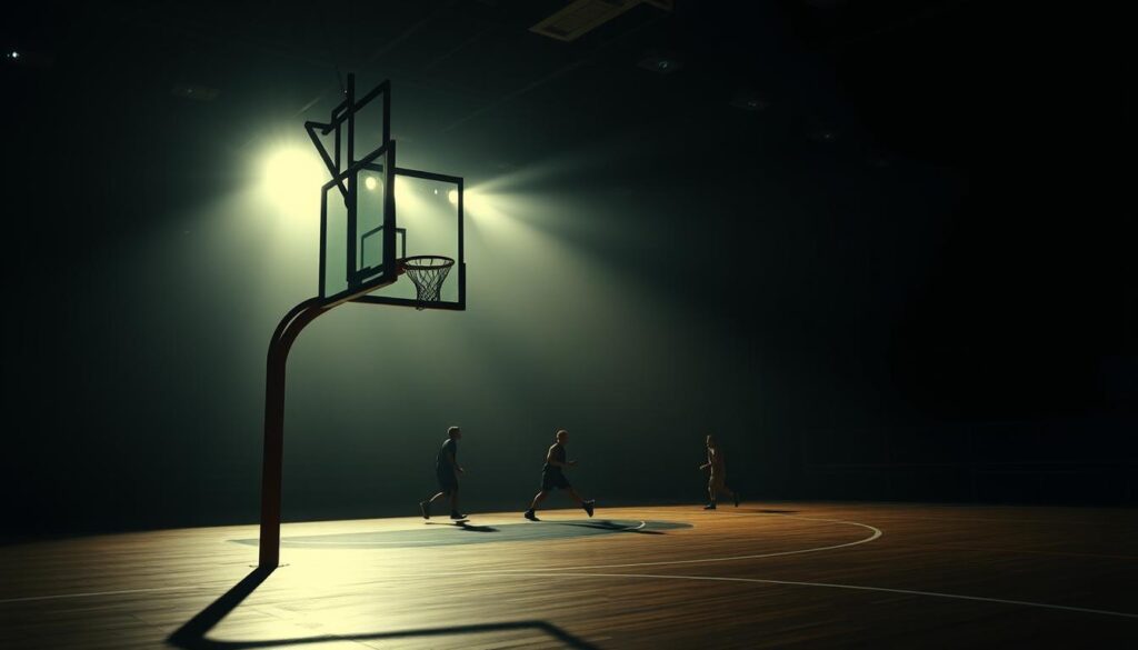 A dimly lit sports arena, the shadows stretching across the court like fingers of a noir detective. A lone basketball hoop stands in the foreground, its metal rim casting a moody silhouette. In the middle ground, the players move with a gritty, determined energy, their faces obscured by deep shadows. The background is shrouded in a hazy, cinematic gloom, the lights casting a dramatic chiaroscuro effect, heightening the sense of mystery and tension. The overall atmosphere is one of brooding intensity, where the game becomes a metaphor for the darker forces at play. This is the essence of sports noir lighting, a visual style that infuses the thrill of the game with the moody atmosphere of a classic crime drama.