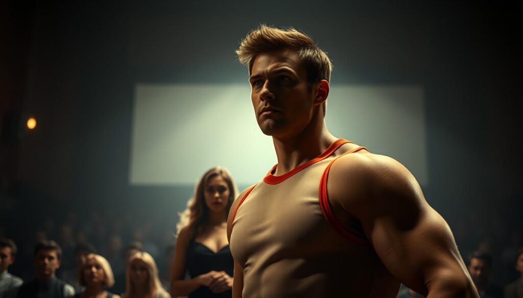 A dimly lit theater interior, the flickering screen casting shadows across the audience. In the foreground, a muscular male actor in a classic sports uniform, exuding rugged determination. In the middle ground, a female supporting character, her role reduced to that of a passive spectator or love interest. The background is hazy, evoking the nostalgic atmosphere of a bygone era of cinema, where rigid gender norms were the norm. The lighting is dramatic, with strong contrasts and deep shadows, emphasizing the masculine dominance on display. The camera angle is slightly low, reinforcing the hero's powerful presence. An underlying sense of tension and unease pervades the scene, hinting at the limiting and outdated gender stereotypes prevalent in classic sports films.