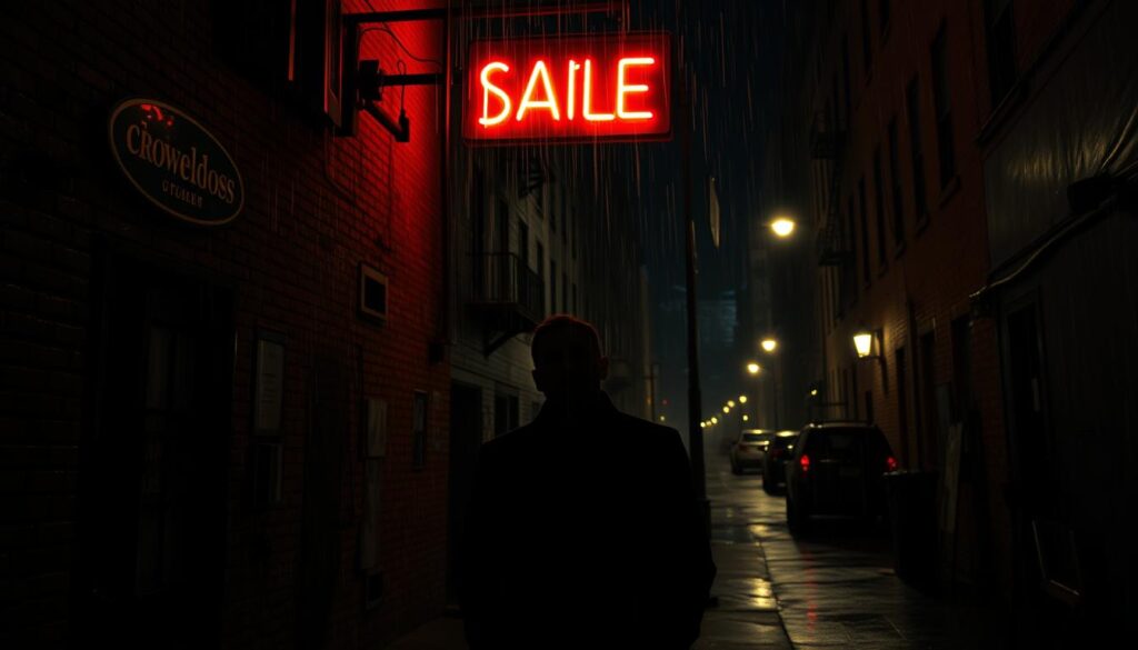 A dimly lit urban alley, glistening with rain and cast in deep shadows. In the foreground, a lone figure stands beneath a flickering neon sign, their face partially obscured in the dramatic chiaroscuro lighting. Further back, the street stretches out, lined with the iconic architecture of a bygone era - brick buildings, fire escapes, and the faint glow of streetlamps cutting through the night. The atmosphere is thick with tension, evoking the moody, atmospheric aesthetic of classic film noir.