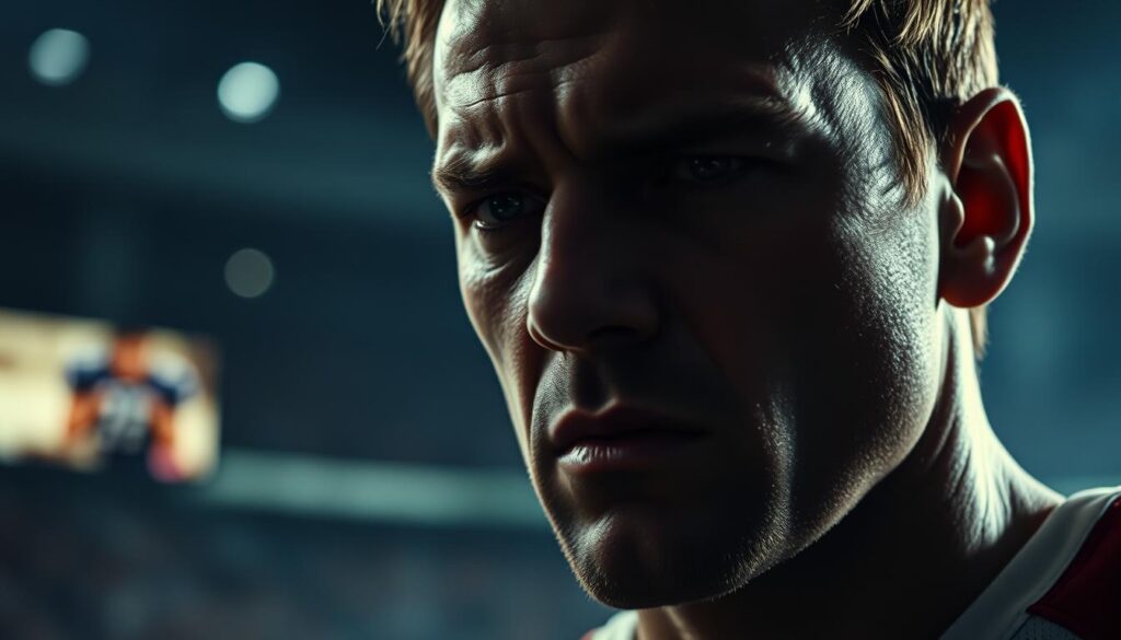 A dramatic, close-up portrait of a sports movie character caught in a moment of intense inner turmoil. Their face is half-shadowed, conveying a sense of anguish and inner conflict. In the background, a blurred, hazy montage of iconic sports movie scenes plays out, creating a layered, meta-textual effect. The lighting is moody and chiaroscuro, with deep shadows and highlights that accentuate the character's tormented expression. The overall atmosphere is one of psychological tension and the fragile line between determination and self-destruction.