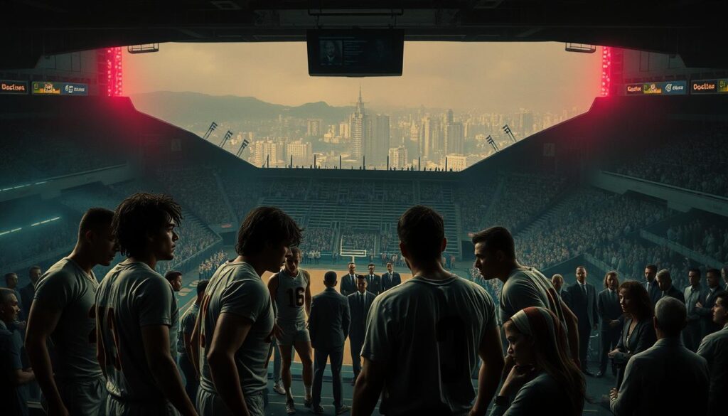 A gritty, neon-drenched scene of a retro sports arena, the stands filled with shadowy figures. In the foreground, a group of athletes engage in a heated confrontation, their uniforms tattered and their expressions hardened by the weight of corruption. In the middle ground, a network of shady figures in suits and ties pull the strings, their faces obscured. The background is a hazy, dreamlike cityscape, hinting at the broader societal implications of the sports world's underbelly. The lighting is dramatic, with harsh shadows and muted colors, conveying a sense of unease and moral ambiguity. A vintage 70s or 80s aesthetic permeates the scene, reflecting the timeless nature of the themes explored.