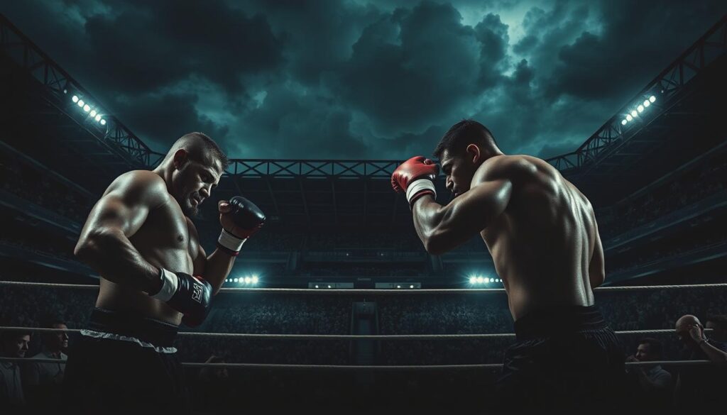 A gritty, noir-inspired sports stadium set against a stormy night sky. In the foreground, two boxers face off in a tense, real-time match, their muscular bodies in dramatic chiaroscuro lighting. The middle ground captures the hushed crowd, their faces cast in deep shadows, heightening the sense of anticipation. In the background, a maze of steel beams and moody industrial architecture, evoking a sense of urban decay. The overall atmosphere is one of high-stakes tension, where the fate of the characters hangs in the balance, the outcome uncertain until the final bell.