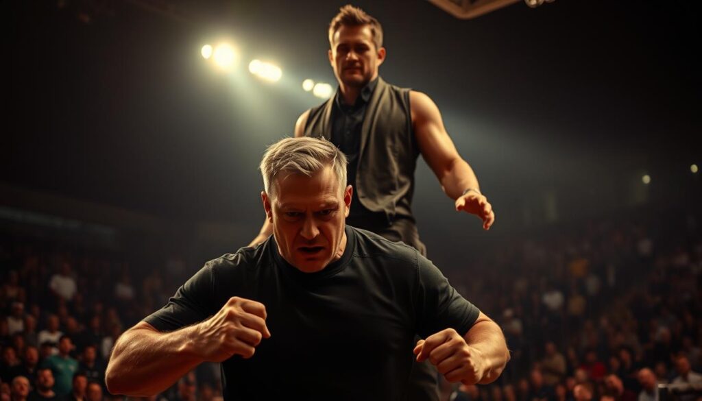 A gritty sports arena, dimly lit, with contrasting energy. In the foreground, a man exudes toxic masculinity - aggressive, domineering, fists clenched. Towering over him, a second figure radiates positive masculinity - calm, confident, offering a guiding hand. The background a blur of spectators, their faces etched with tension. Dramatic chiaroscuro lighting casts dramatic shadows, symbolizing the duality of masculine ideals. The scene conveys the complex and often conflicting representations of masculinity prevalent in sports films.