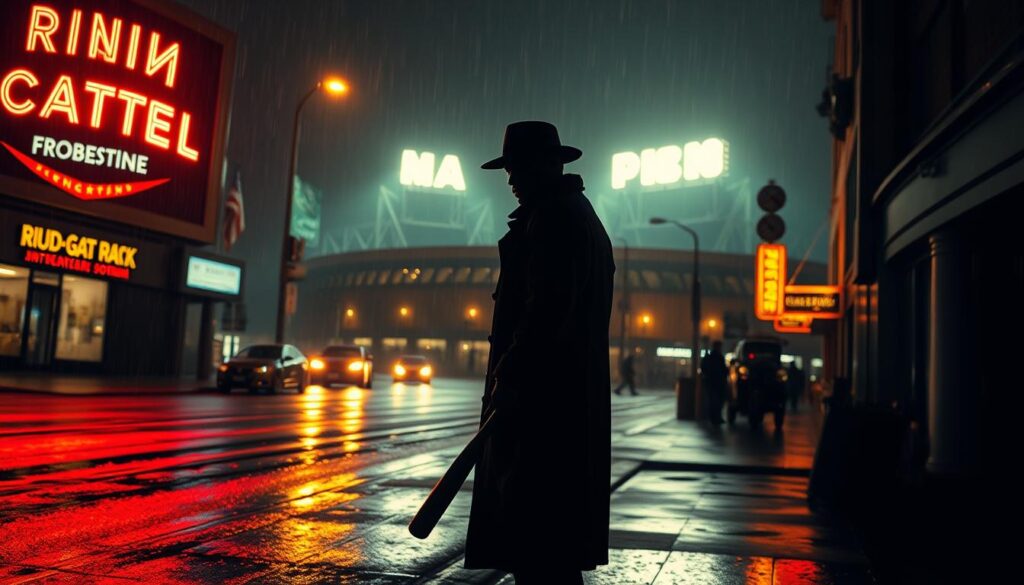 A rain-slicked city street at night, neon signs casting an eerie glow. In the foreground, a lone figure in a trenchcoat and fedora stands silhouetted, holding a baseball bat - a classic noir anti-hero. Behind them, a vintage sports stadium looms, its floodlights piercing the gloom. The scene is bathed in deep shadows and high-contrast lighting, evoking the stark aesthetic of 1940s-50s crime films. The atmosphere is tense, moody, and tinged with a sense of danger - a window into the dark underbelly of the sporting world.