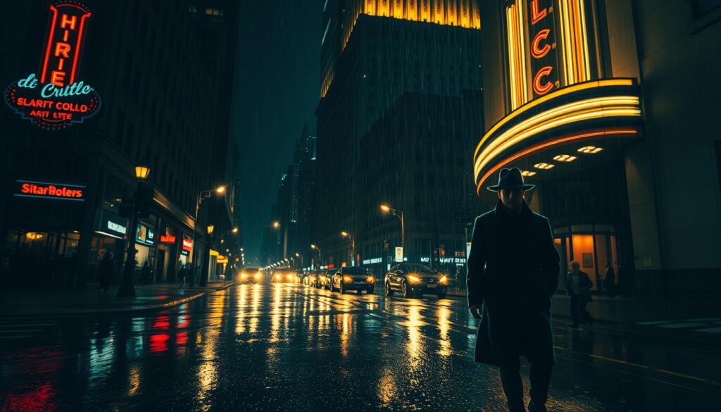 A rain-soaked city street at night, illuminated by the warm glow of neon signs and streetlamps. Shadows stretch long, creating a sense of mystery and danger. In the foreground, a lone figure shrouded in a trenchcoat and fedora moves with purpose, their face obscured. Towering Art Deco buildings loom in the background, their facades casting dramatic shadows. The scene is bathed in a moody, desaturated color palette, evocative of the classic noir aesthetic. A wide-angle lens captures the brooding atmosphere, with a shallow depth of field that keeps the focus on the solitary protagonist navigating the urban landscape.