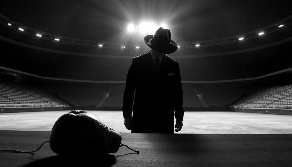 A shadowy figure stands center stage, their face obscured by a fedora's brim. Surrounding them, a stark black-and-white landscape unfolds - a dimly lit sports arena, its bleachers empty save for the lingering ghosts of past victories. Dramatic chiaroscuro lighting casts dramatic shadows, evoking the moody atmosphere of classic film noir. In the foreground, a weathered boxing glove lies forgotten, a testament to the gritty world of pugilistic struggle. The overall scene conveys a sense of melancholy reflection, a critical examination of the cultural impact and legacy of the noir sports movie genre.