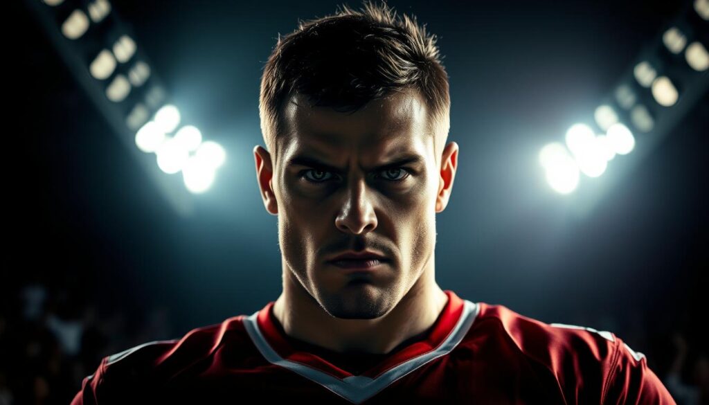 A close-up shot of a sports player in dramatic lighting, their face intense with determination and ego. They stand in the foreground, shoulders squared, jaw clenched, eyes narrowed, radiating a sense of self-importance and entitlement. Behind them, the blurred silhouettes of cheering fans create a sense of spectacle and performance. The lighting is moody, with deep shadows and highlights that accentuate the player's features, evoking a noir-like atmosphere. The overall tone is one of individualism, hubris, and the audience's complicity in fueling the athlete's inflated sense of self.