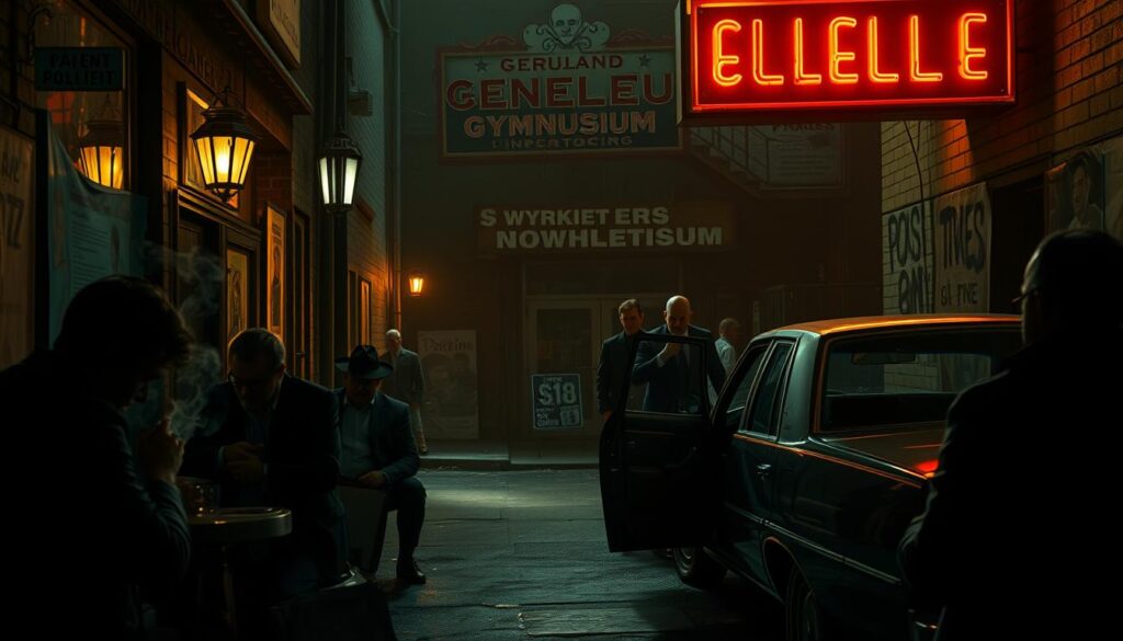 A dimly lit alleyway, shadows cast by flickering neon signs. In the foreground, a group of shady figures engaged in a clandestine card game, cigarette smoke curling around them. In the middle ground, a boxer steps out of a sedan, his head bowed, escorted by a pair of ominous-looking men in suits. The background reveals the crumbling facade of an old gymnasium, a faded sign hinting at its former glory. The scene is saturated with a gritty, moody atmosphere, evocative of the dangerous underbelly of the sports world, where the lure of easy money and the threat of violence intertwine.
