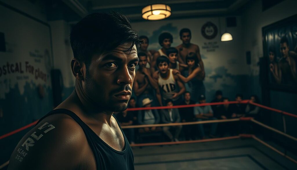 A dimly lit boxing gym, its vintage equipment and peeling walls casting a moody, nostalgic glow. In the foreground, a boxer in retro attire casts a pensive glance, his weathered face conveying the weight of societal struggles. The middle ground features a group of spectators, their expressions ranging from grim contemplation to fleeting excitement, capturing the complex emotions of the sport. In the background, a mural depicting iconic sports heroes of the past seems to watch over the scene, a silent reminder of the genre's brooding legacy. Dramatic chiaroscuro lighting and a cinematic, grainy filter imbue the image with a noir-esque atmosphere, inviting the viewer to ponder the deeper societal commentary woven into the fabric of these classic sports dramas.