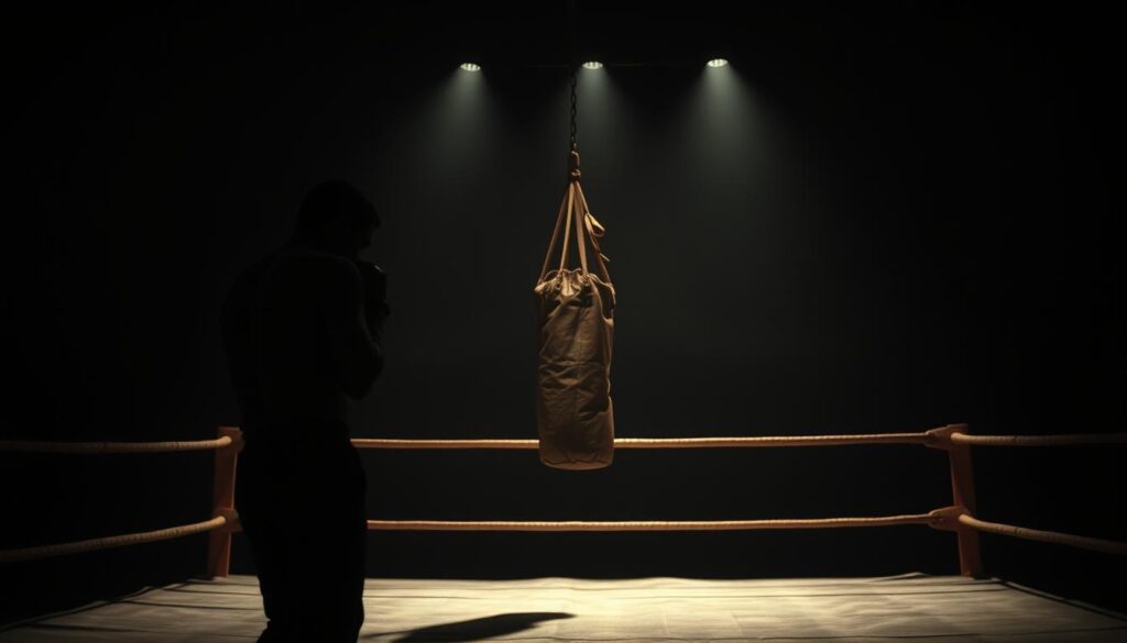 A dimly lit boxing gym, shadows cast across a well-worn canvas ring. In the foreground, a lone boxer stands, his face half-obscured, fists raised in a defensive stance. Soft, dramatic lighting accentuates the chiaroscuro effect, creating a moody, introspective atmosphere. In the middle ground, a weathered punching bag sways, its tattered leather a testament to countless battles. The background is shrouded in darkness, hinting at the underlying themes of struggle and redemption that define classic film noir. The scene is captured through a vintage, high-contrast lens, evoking the cinematic style of the era.