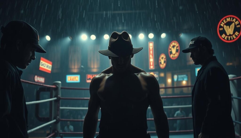 A dimly lit boxing ring in the heart of a gritty, rain-soaked metropolis. The ring is surrounded by shadowy figures, their faces obscured, hinting at backroom deals and illicit activities. In the center, a lone boxer stands, his face partially obscured by a fedora, his muscles tense, ready to strike. The lighting is low and moody, casting deep shadows that create a sense of tension and unease. The background is a blur of neon signs and flickering street lamps, suggesting a world of corruption and deceit. The camera angle is tight, emphasizing the claustrophobic atmosphere and the intensity of the moment.
