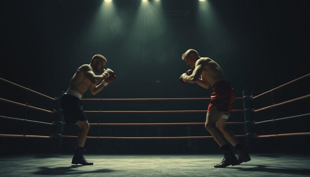 A dimly lit boxing ring stands center stage, its ropes casting dramatic shadows across the gritty canvas. In the foreground, two pugilists engage in a fierce bout, their bodies tensed, fists flying in a choreographed ballet of violence. The lighting is moody and low-key, accentuating the chiaroscuro effect and lending an air of mystery to the scene. In the background, a hazy crowd watches the match unfold, their faces obscured in the shadows, creating a sense of isolation and melancholy. The camera angle is low, adding to the gritty, immersive feel, as if the viewer is ringside, a silent witness to the clash of titans. The overall atmosphere is one of brooding intensity, a cinematic snapshot of the golden age of noir-tinged sports dramas.