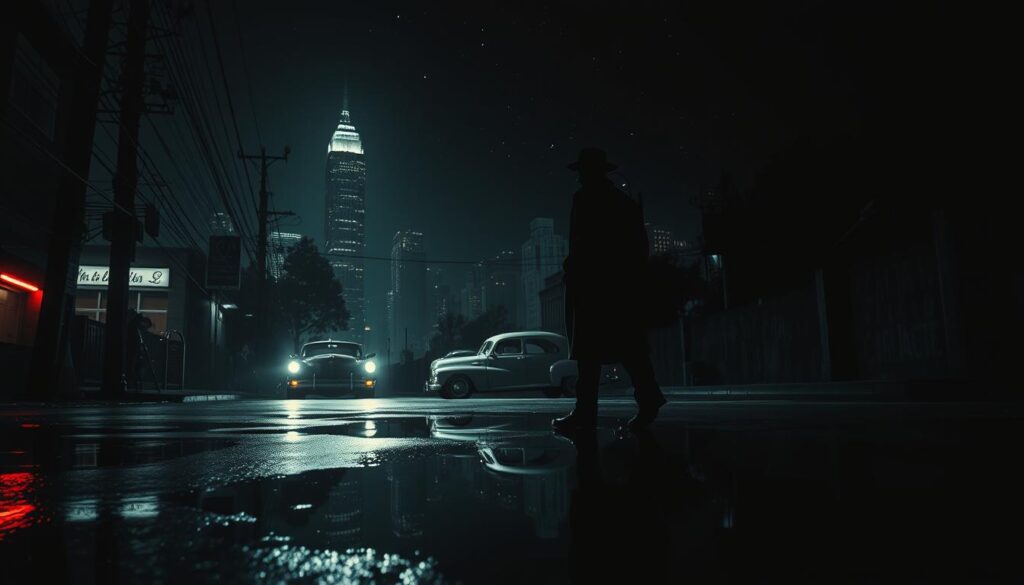 A dimly lit city skyline at night, cast in moody shadows and neon highlights. In the foreground, a silhouetted figure in a fedora and trenchcoat stands amidst a tangle of power lines and rain-slicked streets. The middle ground features iconic noir elements - a vintage car, a shadowy alleyway, and the reflective surface of a puddle capturing the scene in a distorted mirror. The background is dominated by skyscrapers and a starry, inky-black sky, creating a sense of isolation and mystery. Dramatic chiaroscuro lighting illuminates the scene, with sharp contrasts between light and dark. A cinematic, high-contrast aesthetic evokes the timeless style of classic film noir.