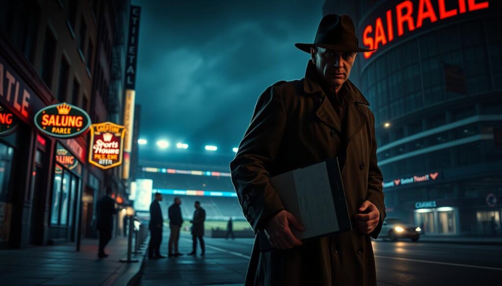 A dimly lit city street, neon signs casting an eerie glow. In the foreground, a detective in a trenchcoat stands, holding a folder of evidence. The middle ground reveals a gaggle of shady characters - a sports agent, a team owner, a player - engaged in a tense exchange. In the background, a large stadium looms, its lights flickering, suggesting a game in progress and a deeper web of deceit. The scene is captured with a noir-inspired cinematic lens, emphasizing sharp contrasts, deep shadows, and a moody, suspenseful atmosphere.