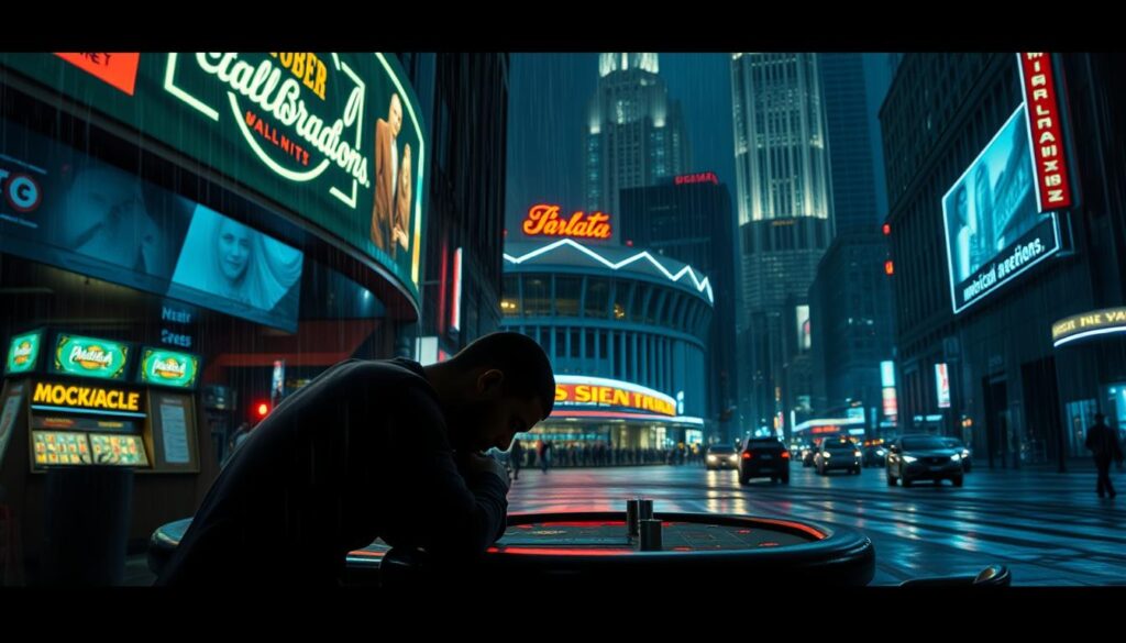 A dimly lit city street, rain-slicked and neon-tinged, where the shadows hold the secrets of systemic inequality. In the foreground, a solitary figure hunches over a gambling table, the weight of social prejudice etched on their face. The middle ground reveals a bustling sports arena, its grandeur masking the dark undercurrents of class divide. In the background, towering skyscrapers loom, symbols of the elusive American Dream, their opulence casting a long, oppressive shadow. The scene is captured through a gritty, noir-inspired lens, with low-angle shots and dramatic chiaroscuro lighting, evoking the tension and despair of a world where the promised glory is just an illusion.