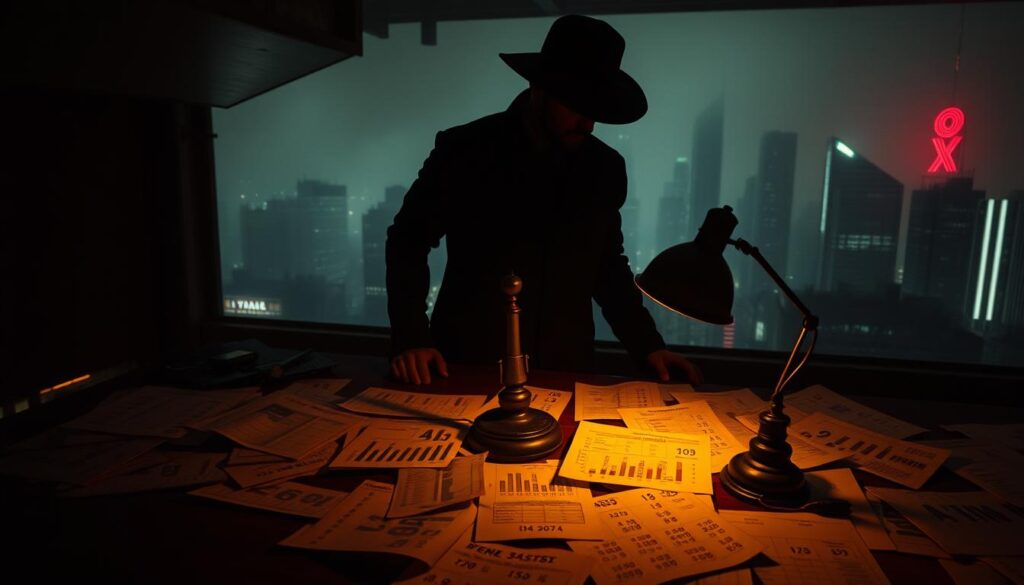 A dimly lit, noir-inspired scene featuring sports statistics and data visualizations. In the foreground, a shadowy figure surrounded by scattered sheets of paper with numbers, charts, and graphs, casting a dramatic silhouette. In the middle ground, a shadowy table with a vintage desk lamp illuminating a dense array of numerical data, conveying a sense of detective work and analytical investigation. In the background, a hazy, moody cityscape with skyscrapers and neon signs, creating an atmospheric, film noir ambiance. The lighting is low-key, with dramatic chiaroscuro effects, and the camera angle is slightly low, adding a sense of tension and foreboding. The overall tone is one of mystery, intrigue, and the pursuit of hidden insights within the numbers.