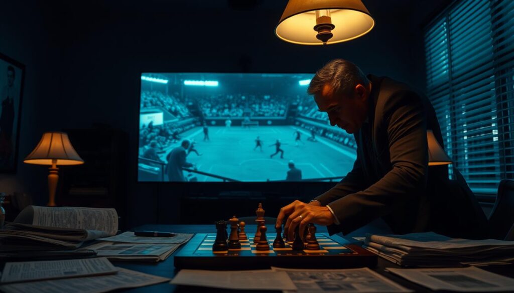 A dimly lit room, the air thick with intrigue. A table, its surface cluttered with documents, newspapers, and a chess board - symbols of the high-stakes game of sports corruption. In the foreground, a shadowy figure leans forward, gaze intense, fingers tracing the game pieces as if orchestrating the next move. Behind him, a large screen displays grainy footage of a pivotal match, the players' every action scrutinized. The room is bathed in a cool, blue hue, heightening the sense of tension and secrecy. Elegant, vintage lamps cast a warm glow, while the venetian blinds filter in slivers of light, creating a moody, film noir atmosphere. This is the anatomy of a fix, a classic plot in the world of sports corruption films.