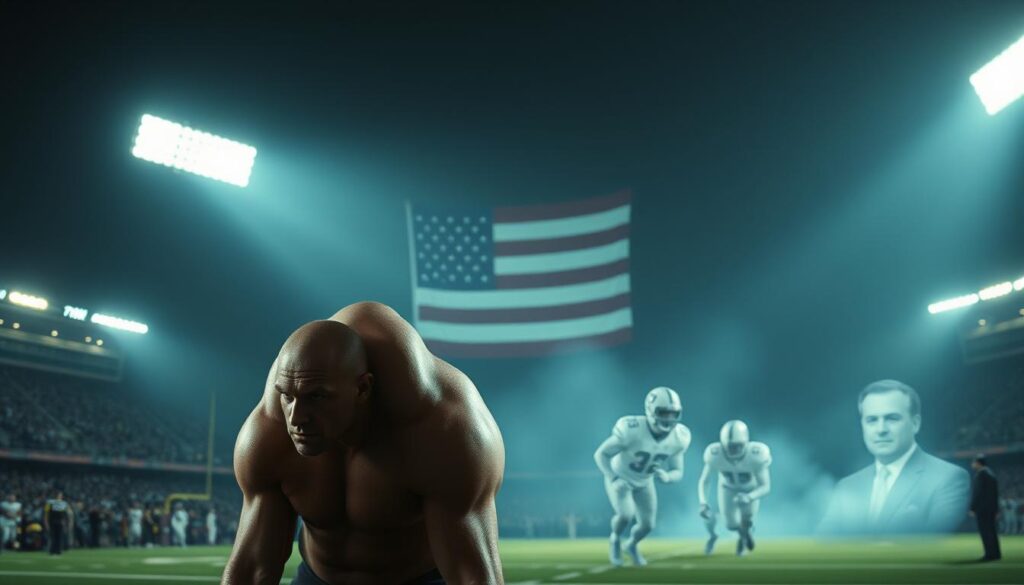 A dimly lit sports arena, the floodlights casting long shadows on the field. In the foreground, a grizzled, muscular athlete stands alone, his face etched with determination and a hint of melancholy. Behind him, the backdrop of the American flag flutters, a symbol of both pride and the pursuit of the dream. In the middle ground, ghostly images of past heroes and fallen icons float, their stories intertwined with the triumphs and tragedies of the sport. The atmosphere is one of gritty realism, a moody, cinematic noir aesthetic that captures the moral complexities and personal sacrifices inherent in the pursuit of athletic greatness.