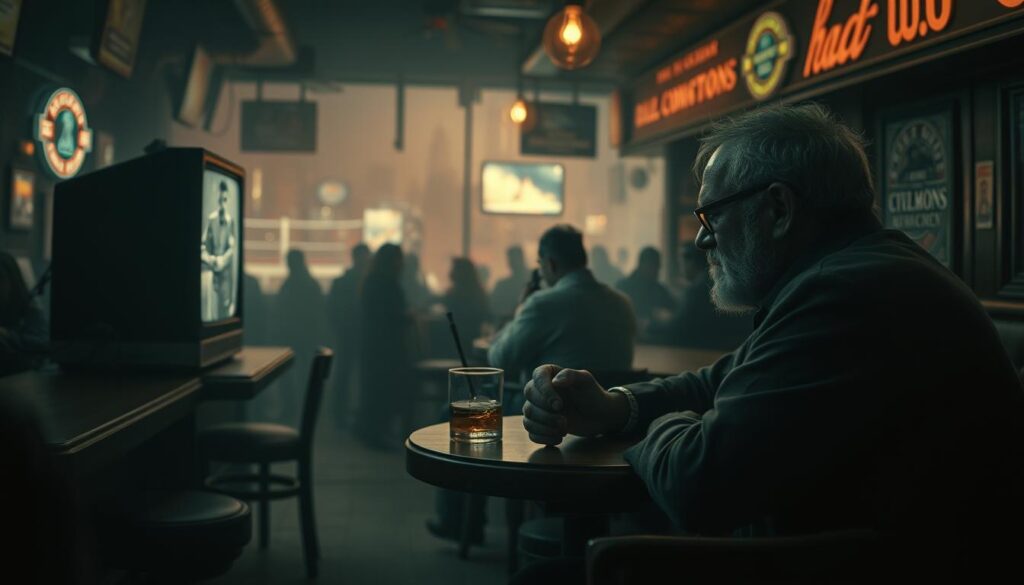 A dimly lit sports bar, the air thick with cigarette smoke and the hum of old-fashioned radio commentary. In the foreground, a weathered, noir-inspired analyst sits at a small table, hunched over a glass of whiskey, studying a black-and-white boxing match on a flickering television screen. The middle ground is filled with shadowy figures, indistinct but evocative, while the background is a hazy, neon-tinged cityscape, conveying the gritty, urban atmosphere of a classic film noir. The lighting is low-key, with pools of light and deep shadows, creating a dramatic, cinematic effect. The camera angle is slightly low, lending a sense of tension and foreboding to the scene.