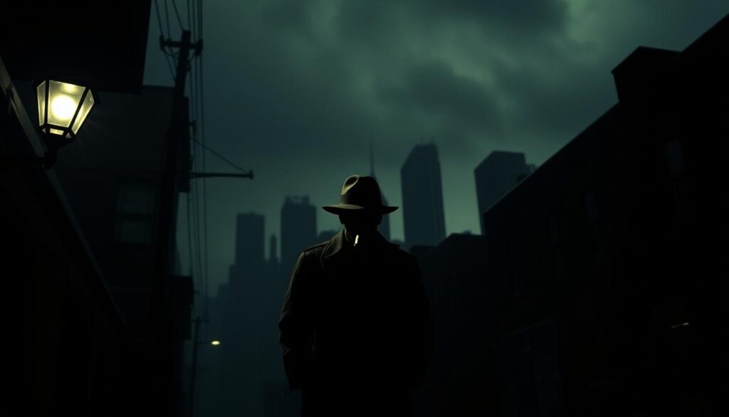 A dimly lit urban street, cast in deep shadows and a hazy, moody atmosphere. In the foreground, a lone figure in a trenchcoat and fedora stands under a flickering streetlight, a cigarette dangling from their lips. The middle ground reveals a row of nondescript, angular buildings, their facades etched in dramatic chiaroscuro. In the distance, the silhouettes of skyscrapers rise against a stormy, ink-black sky, creating a sense of isolation and foreboding. The scene is imbued with a vintage, high-contrast aesthetic, evoking the iconic visual style of 1940s film noir.