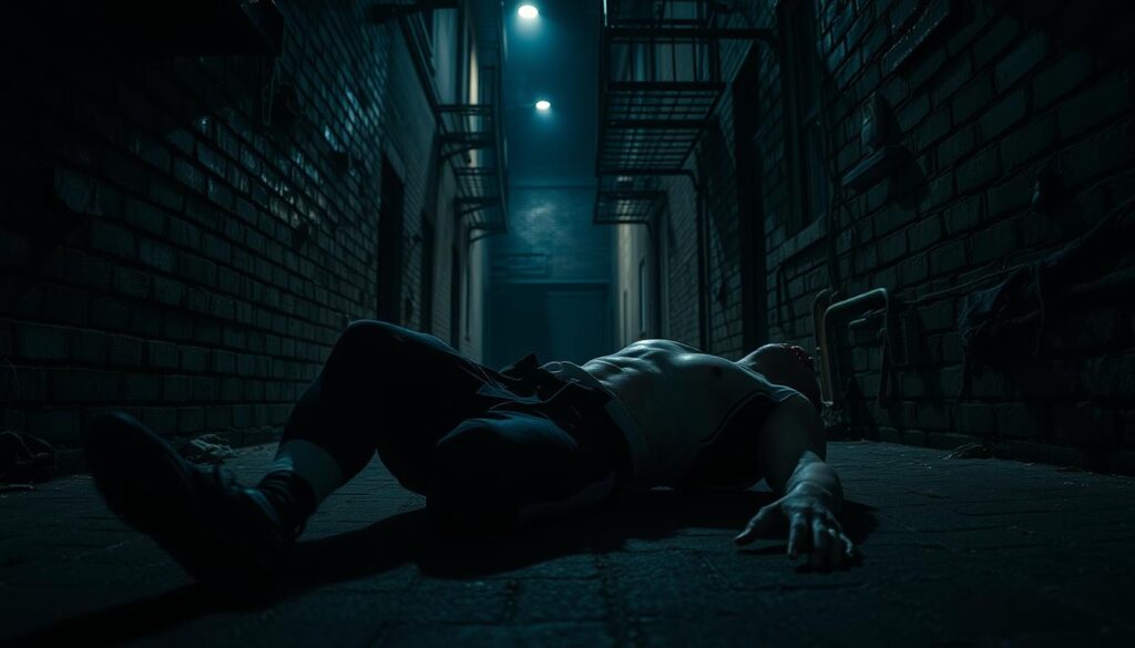 A lone figure, a fallen hero, lies in the shadows of a dimly lit alleyway. His once-powerful physique is battered and bruised, the uniform of a once-proud athlete now tattered and stained. Harsh, dramatic lighting casts deep shadows, conveying a sense of melancholy and despair. The camera angle is low, looking up at the subject, emphasizing his sense of defeat and diminished stature. The background is a maze of crumbling brick walls and rusting fire escapes, creating a gritty, noir-inspired atmosphere. The overall mood is one of lost potential, a once-great champion reduced to a discarded relic of a bygone era.