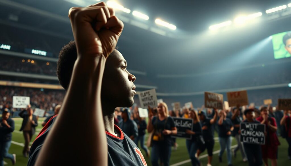 A powerful close-up of a determined athlete, fist raised in a symbol of protest, standing on a sports stadium field under dramatic lighting. In the middle ground, fellow activists march in solidarity, carrying banners and signs advocating for social justice. The background blurs into a sense of spectacle and media attention, capturing the momentum of this athletic activism movement. Crisp, cinematic composition with dynamic camera angles evokes the energy and gravity of this pivotal moment in sports history.