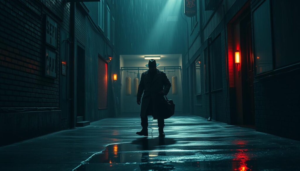 A rain-soaked urban alley, neon-lit and gritty. In the foreground, a lone figure in a fedora and trenchcoat - a boxer, battered but defiant, clutching a tattered sports bag. Shadows stretch long, creating a moody chiaroscuro effect. In the middle ground, a dimly lit boxing gym visible through a grimy window, the faint sounds of a punching bag echoing. The background shrouded in fog, hinting at a desolate, forgotten city. Dramatic low-angle shot, cinematic in scope, capturing the haunting essence of the "noir sports" aesthetic.