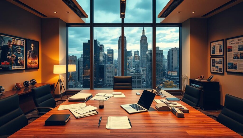 A sleek, modern office interior with large windows overlooking a bustling city skyline. In the foreground, a wooden desk with a laptop, documents, and sports memorabilia. On the walls, framed movie posters and news clippings related to sports and media. Warm, directional lighting casts a subtle glow, creating a professional yet dynamic atmosphere. The room exudes a sense of analytical focus, as if a team of experts is studying the interplay between the business of sports and the entertainment industry.