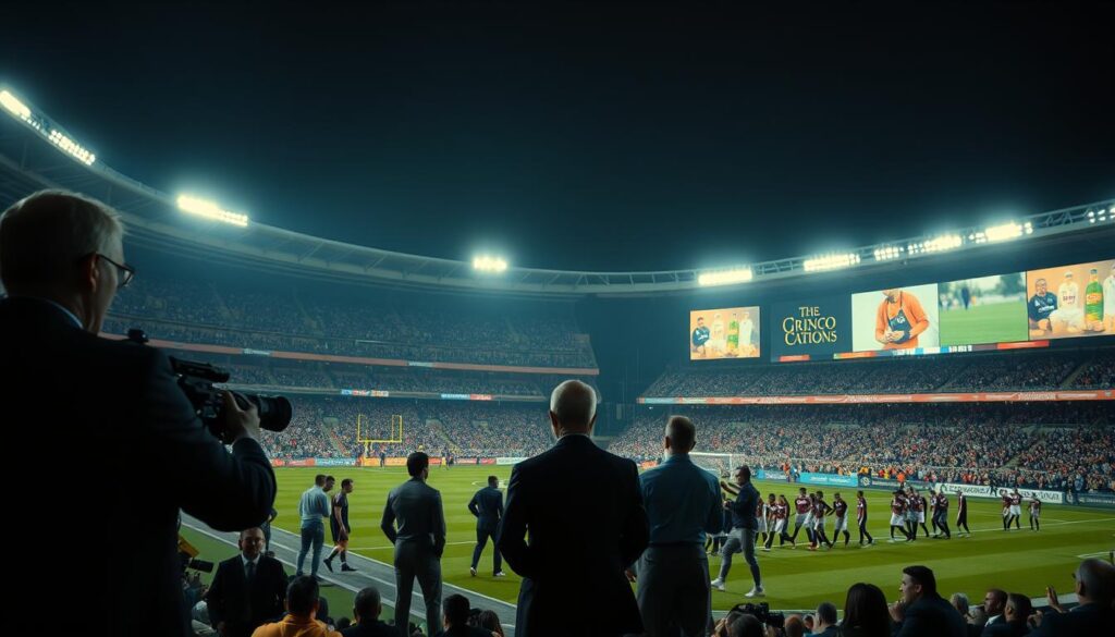 A sports stadium at night, the field illuminated by harsh floodlights. In the foreground, athletes in uniform perform for a cheering crowd, their every move captured by a swarm of cameras. The stands are lined with garish advertisements, products vying for attention. In the background, shadowy figures in suits and ties make deals, their faces obscured. An overwhelming sense of commercialization and exploitation, where the game is secondary to the spectacle and profits. Cinematic lighting, a slight grain, a wide-angle lens to capture the scale and scope of this commodified sports landscape.