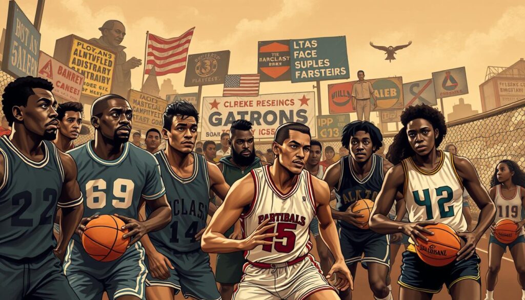 A stylized, retro-inspired scene depicting a diverse group of athletes engaged in various sports, set against a backdrop that reflects the broader societal landscape. The foreground features individuals of different races, genders, and socioeconomic backgrounds, their expressions and body language conveying themes of struggle, triumph, and social commentary. The middle ground showcases vintage sports equipment, uniforms, and memorabilia, while the background incorporates elements of urban decay, political slogans, and historical references, creating a visually rich tapestry that explores the intersection of sports, class, race, and gender. Warm, muted tones and a cinematic lighting style evoke the nostalgic feel of classic sports films.