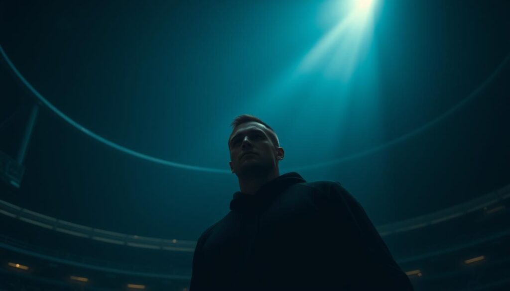 A brooding figure stands in the shadows, a solitary champion of the noir sports genre. Dramatic chiaroscuro lighting casts deep contrasts, a single beam illuminating their determined expression. In the background, the sleek lines of a modern sports arena loom, a temple of athletic prowess tinged with an air of melancholy. The camera's angle is low, capturing the subject's towering presence, their story hinted at through a cinematic lens. Muted colors and a sense of stylized realism evoke the gritty aesthetics of neo-noir, creating a haunting, atmospheric portrait of this iconic sports archetype.