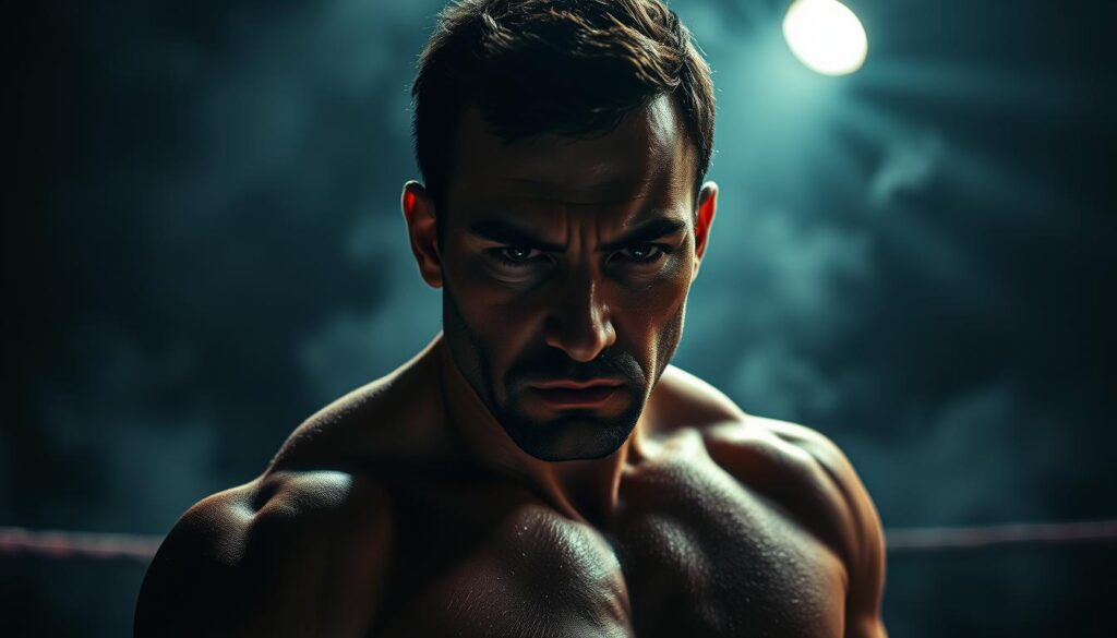 A brooding, muscular boxer stands in a dimly lit, smoke-filled boxing ring, his face cast in dramatic shadows. Beads of sweat glisten on his chiseled features as he glares intensely, his eyes burning with an unspoken pain and determination. The background is shrouded in a hazy, moody atmosphere, with a lone spotlight illuminating the fighter's powerful silhouette. The lighting is low-key, creating a stark contrast between light and shadow, evoking the gritty, melancholic tone of classic film noir. The camera angle is slightly low, heightening the boxer's imposing presence and lending a sense of tension and foreboding to the scene.